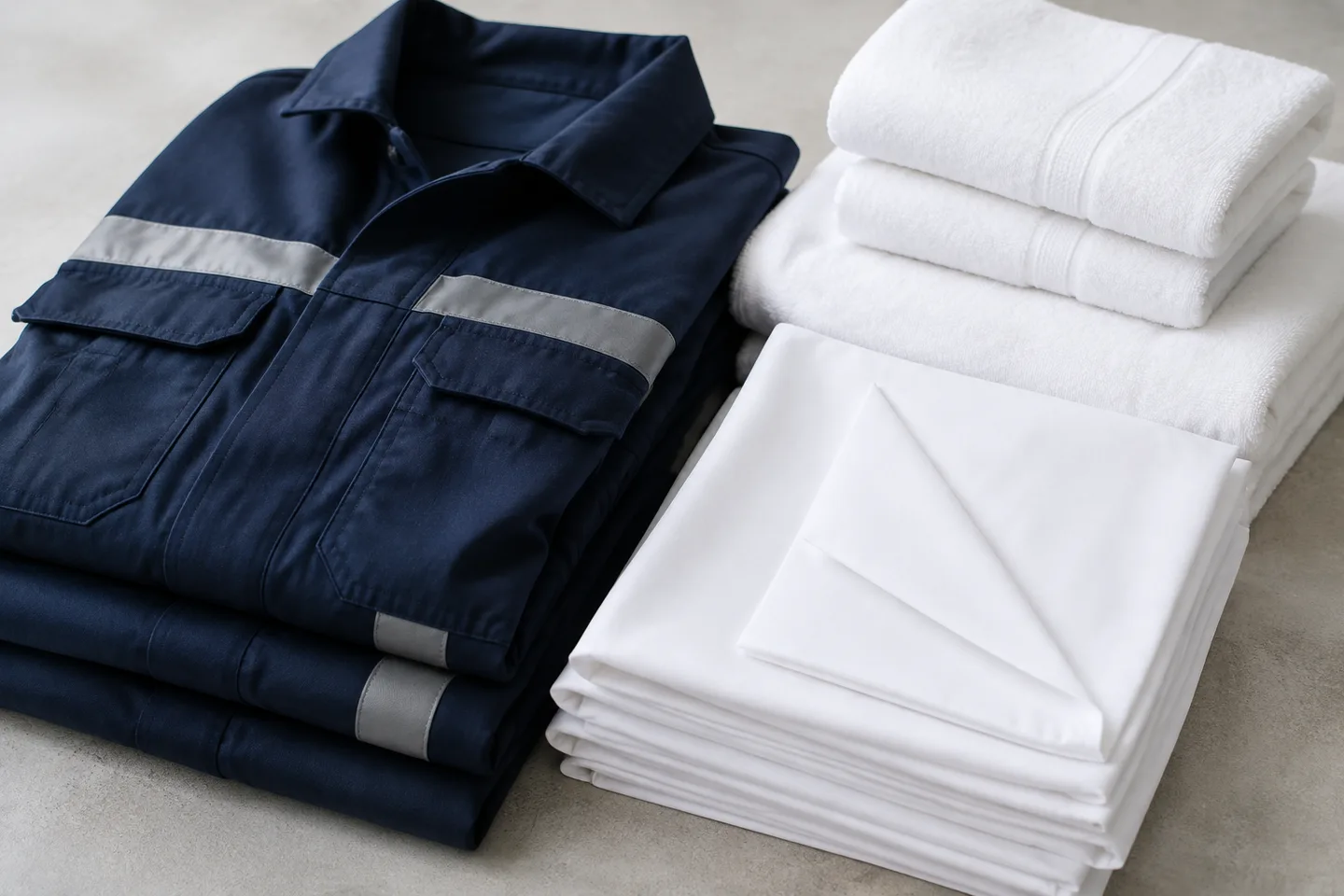 Illustrative image of folded workwear, table linen and towels