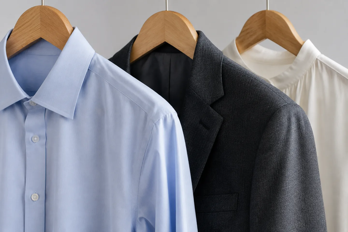 Illustrative image of a pressed shirt, wool blazer and blouse