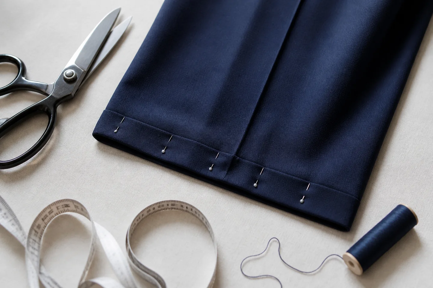 Illustrative image of a pinned trouser hem and tailoring tools