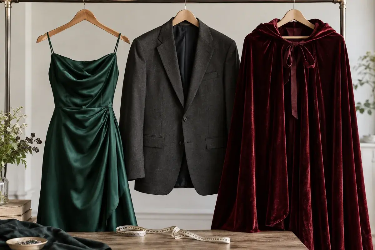 Cocktail dress, tailored jacket and velvet costume cape